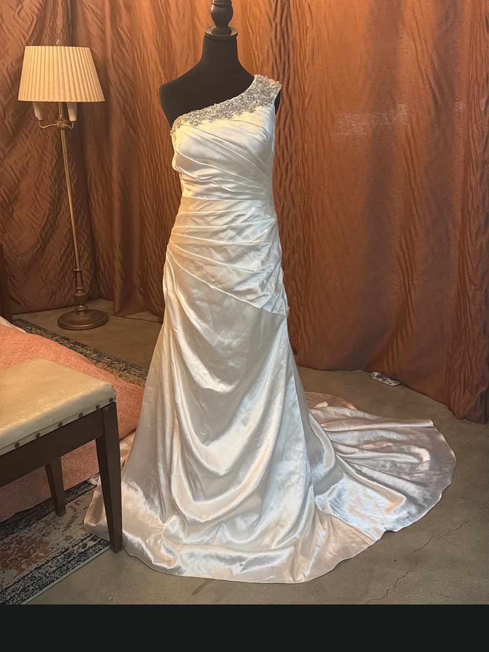 NWT Galina Signature Y2K One-Shoulder Charmeuse Wedding Dress - 14